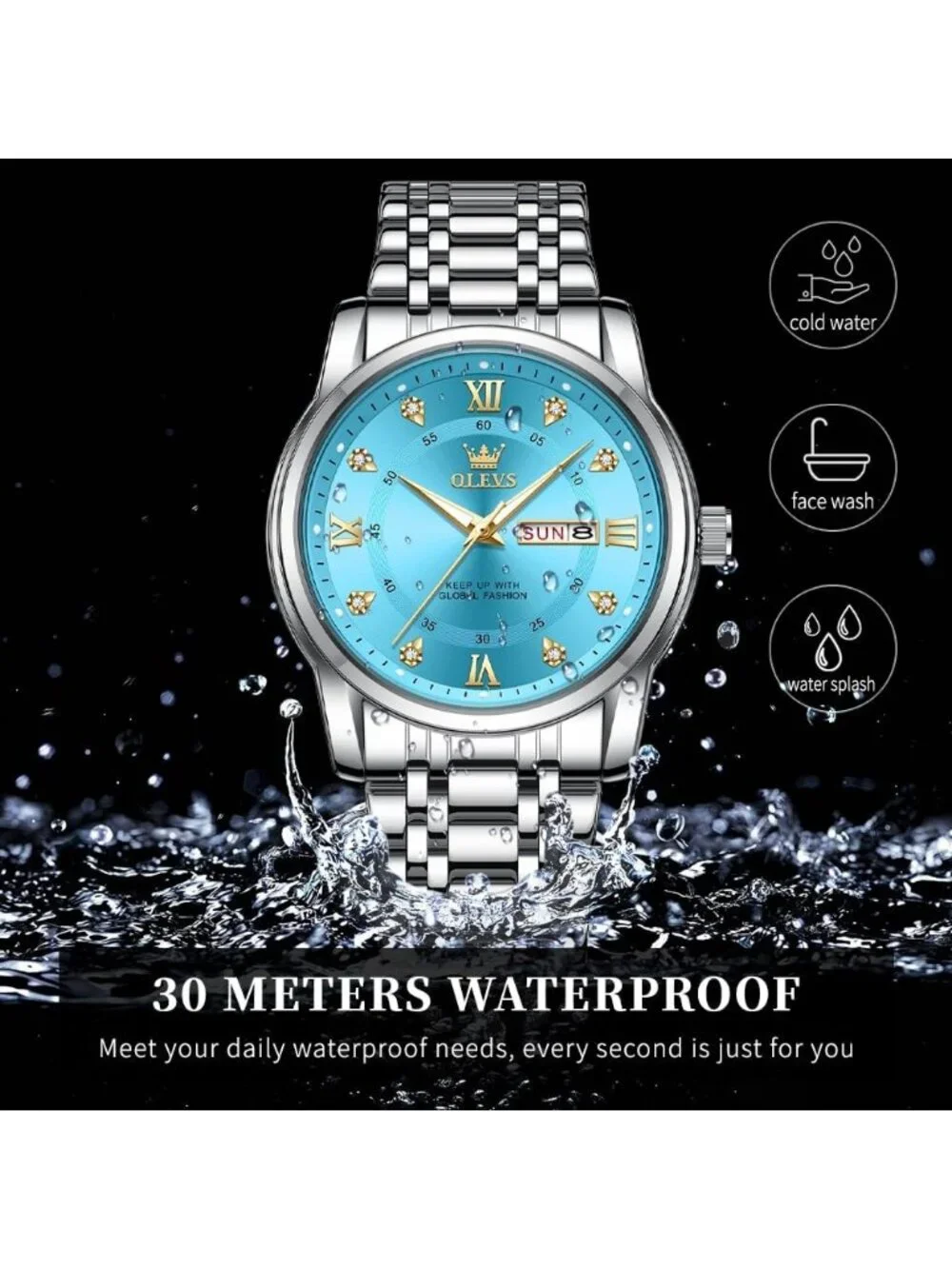Olevs Men's Silver Blue Diamond Wrist Quartz Stainless Luminous Luxury Watch